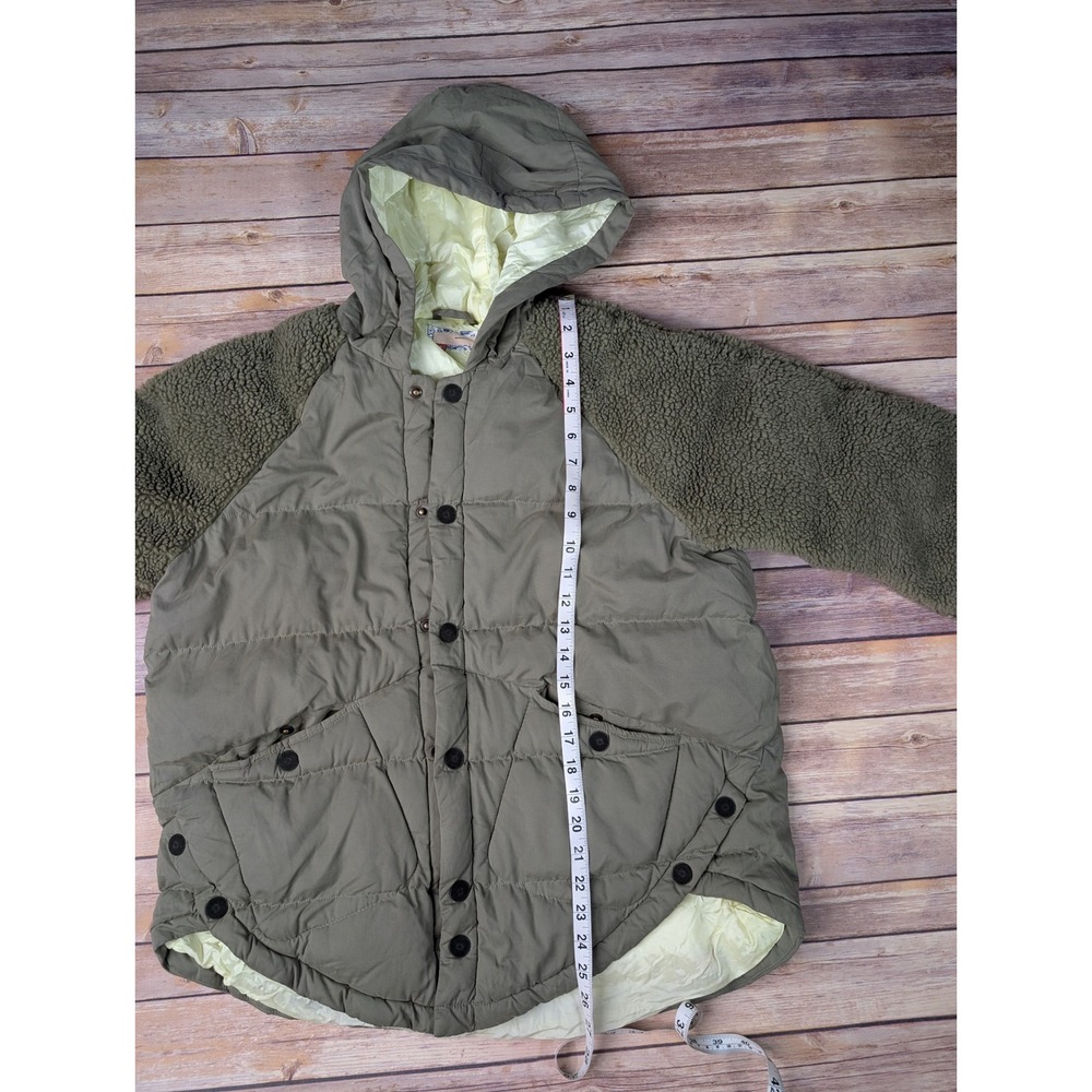 Pilcro Mixed Media Puffer Jacket Women XS Olive Green Sherpa Sleeve Hooded Coat - Picture 4 of 12
